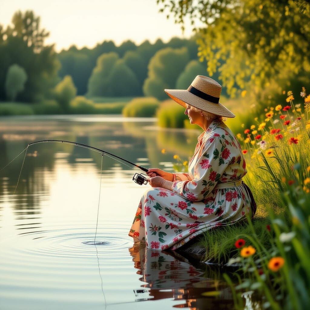 Elderly Woman Fishing by Serene Lake in Golden Light