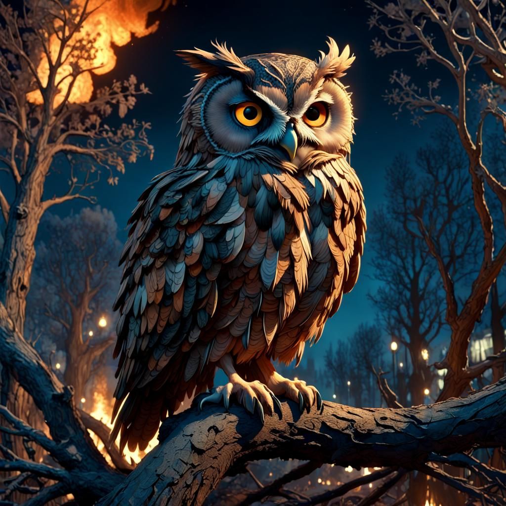 Dystopian Owl on Fire Tree, Detailed CGI Fine Art