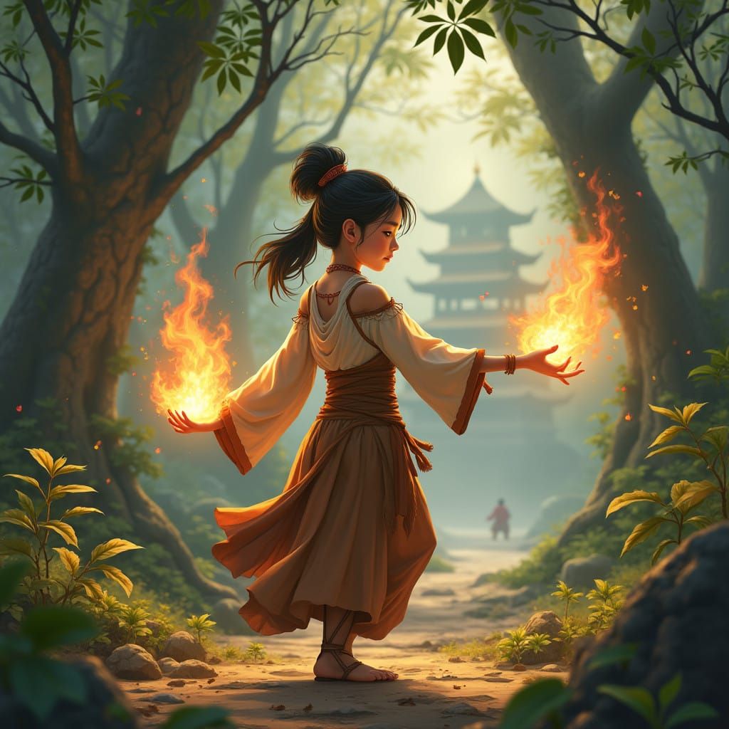 Girl Firebender Surrounded by Whimsical Fantasy