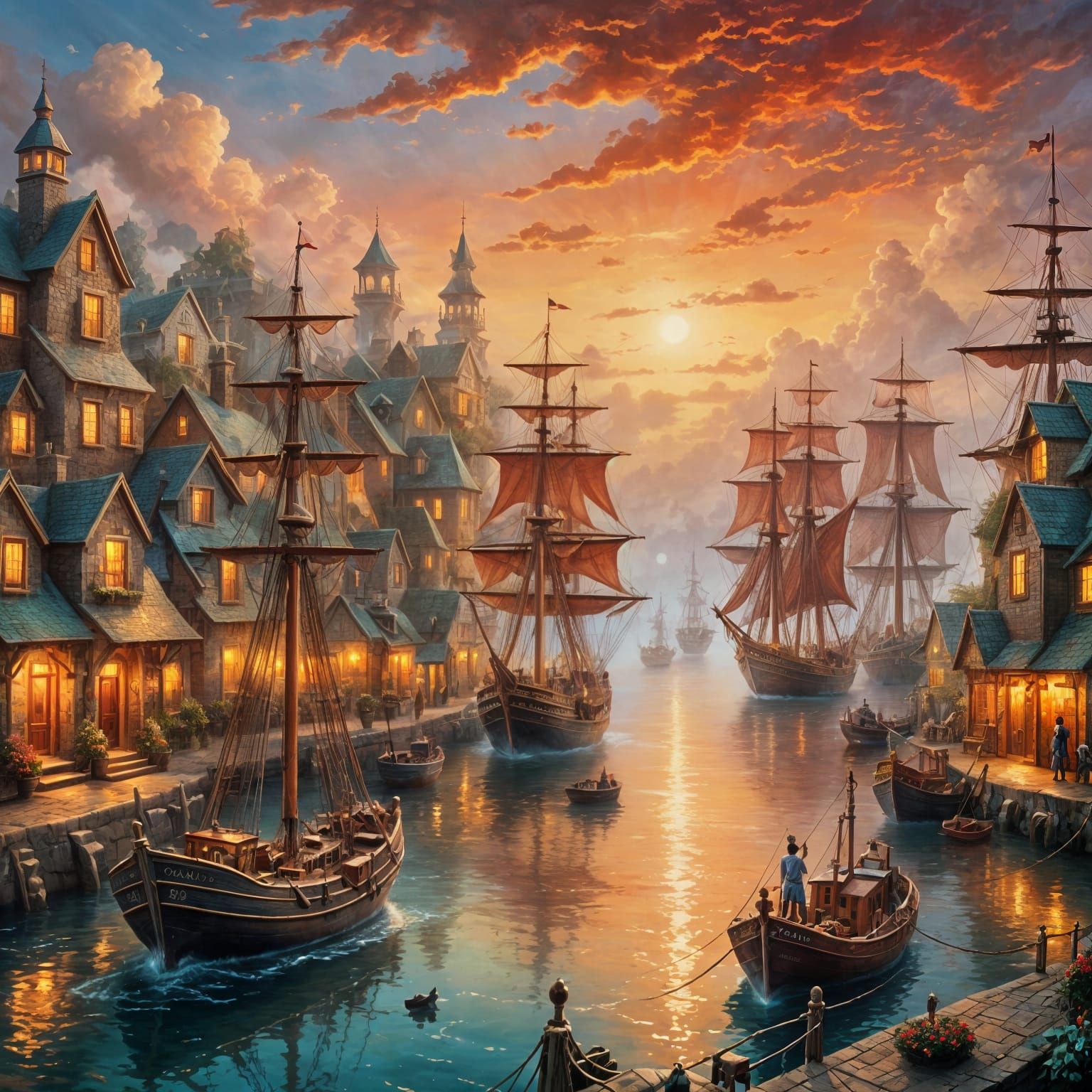 beautiful image of a port with ships and vessels tangled art...