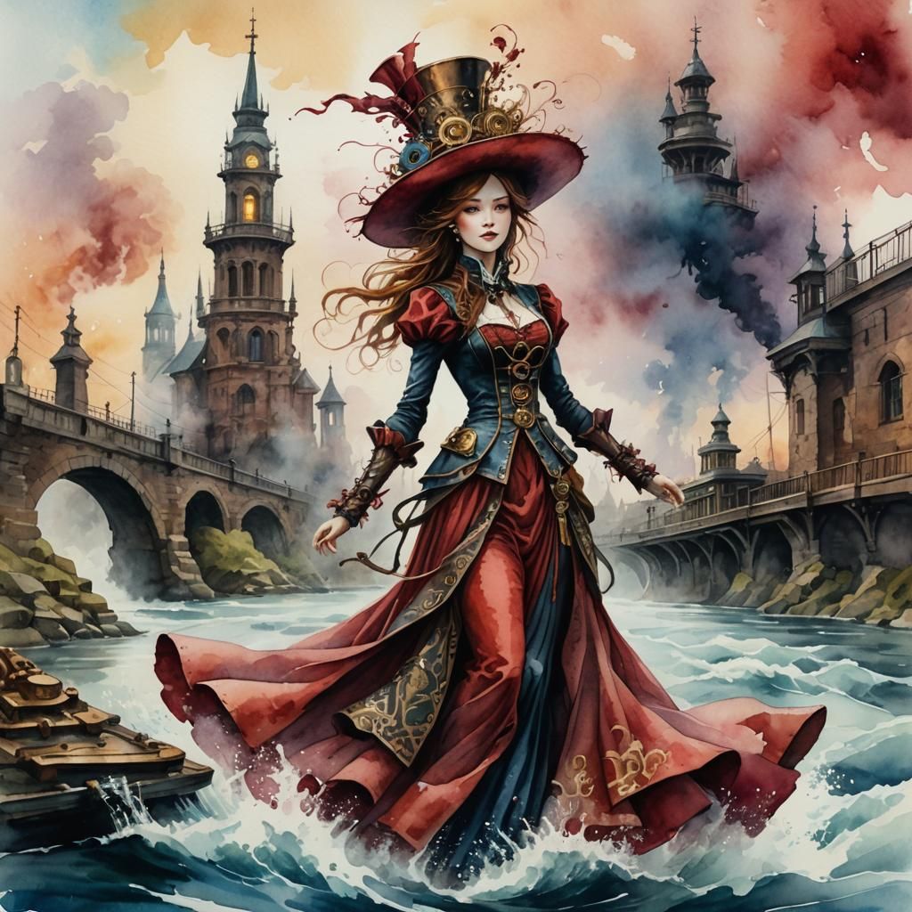 Steampunk Woman in Crimson Dress Watercolor