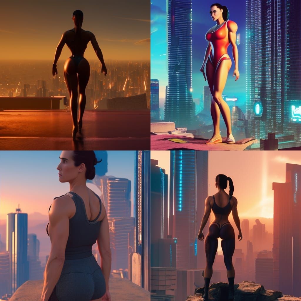 Cyberpunk Woman on Building at Sunset