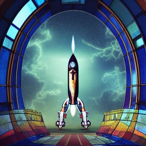 Stained Glass Rocket Launch: Epic Digital Art