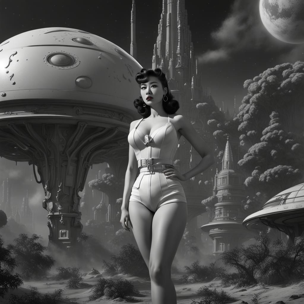 Retro Korean Pin-Up Girl Amidst Alien Invasion