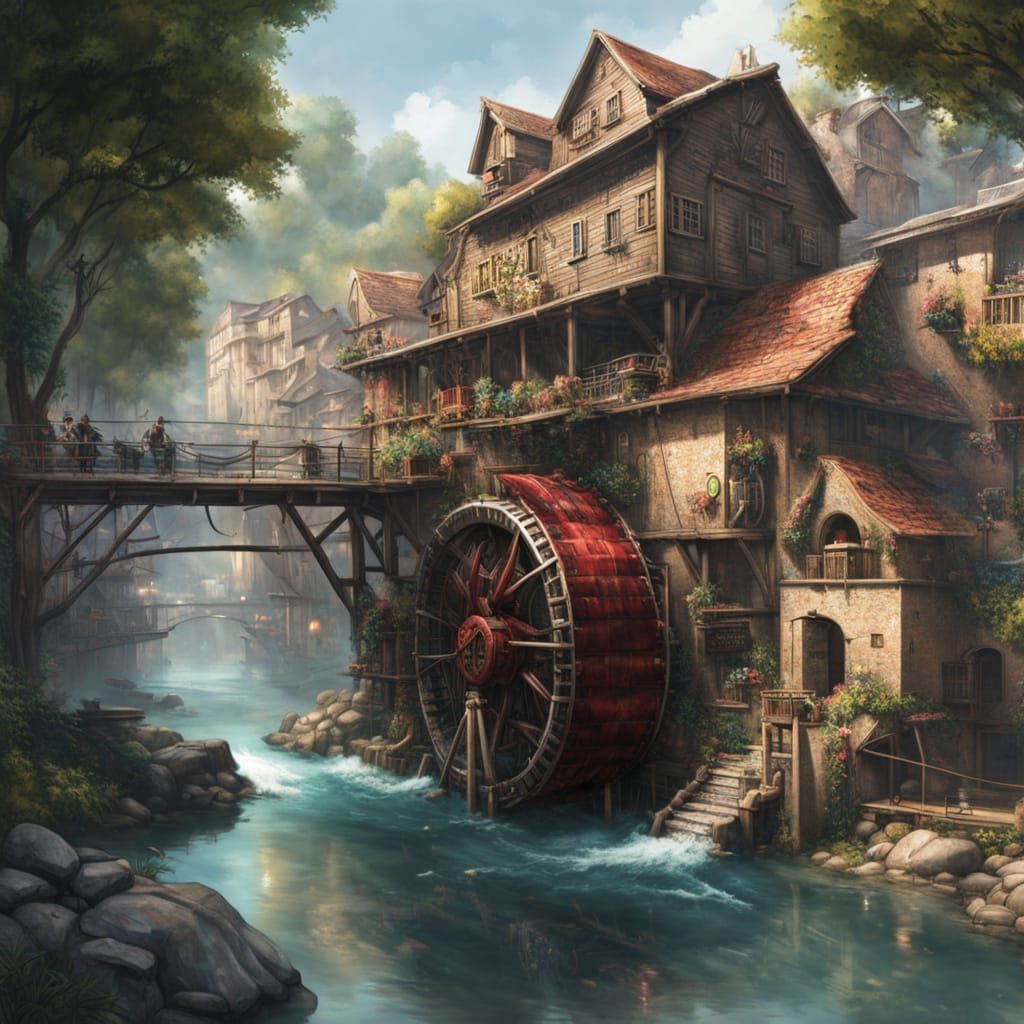 Cyberpunk Waterwheel in a Futuristic River Town