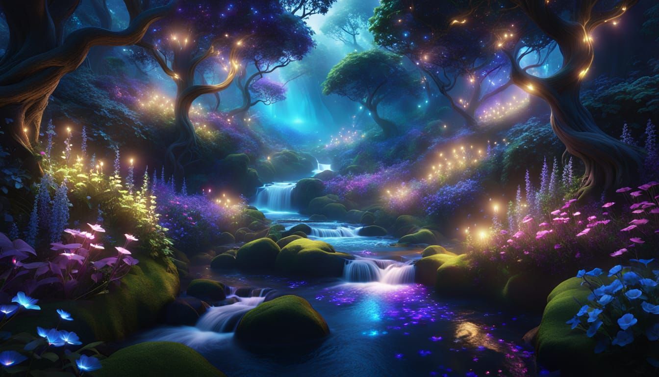 Enchanted Dark Forest Stream with Fairy Lights
