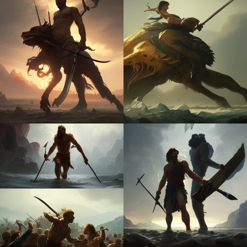 David and Goliath Battle in Hyperrealistic Style