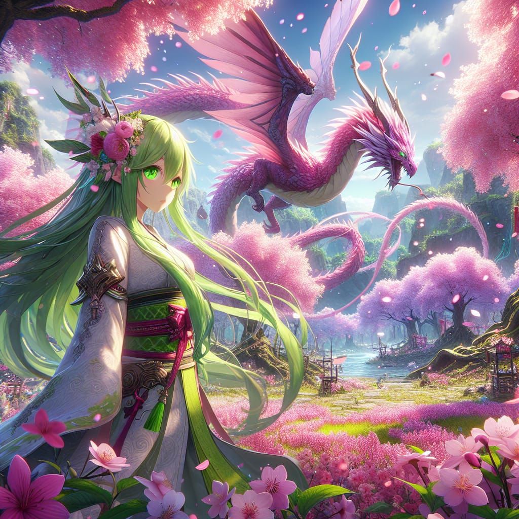 Anime Girl with Sakura Dragon in Fantasy Forest