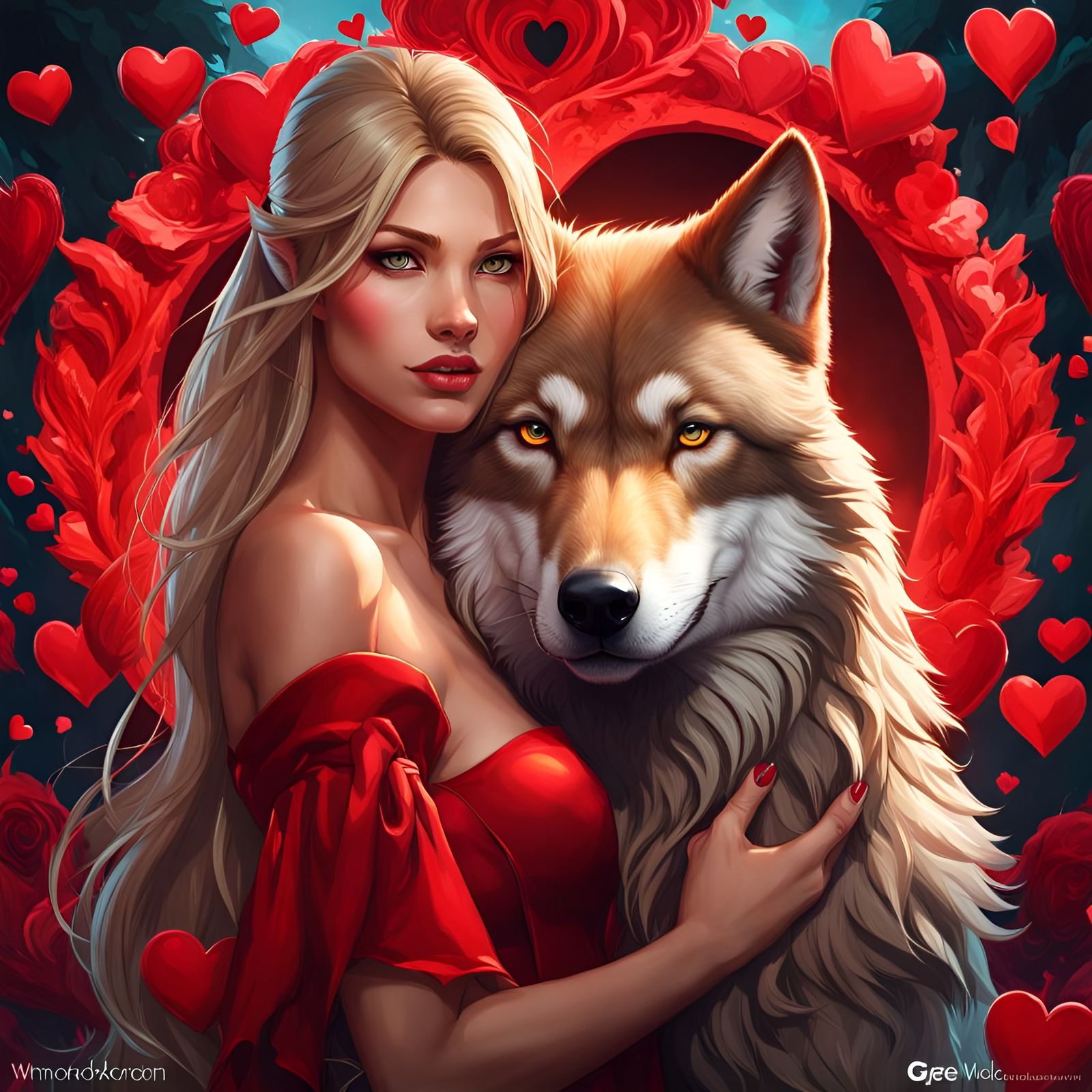 Hyperrealistic Werewolf Surrounded by Hearts in Volumetric L...