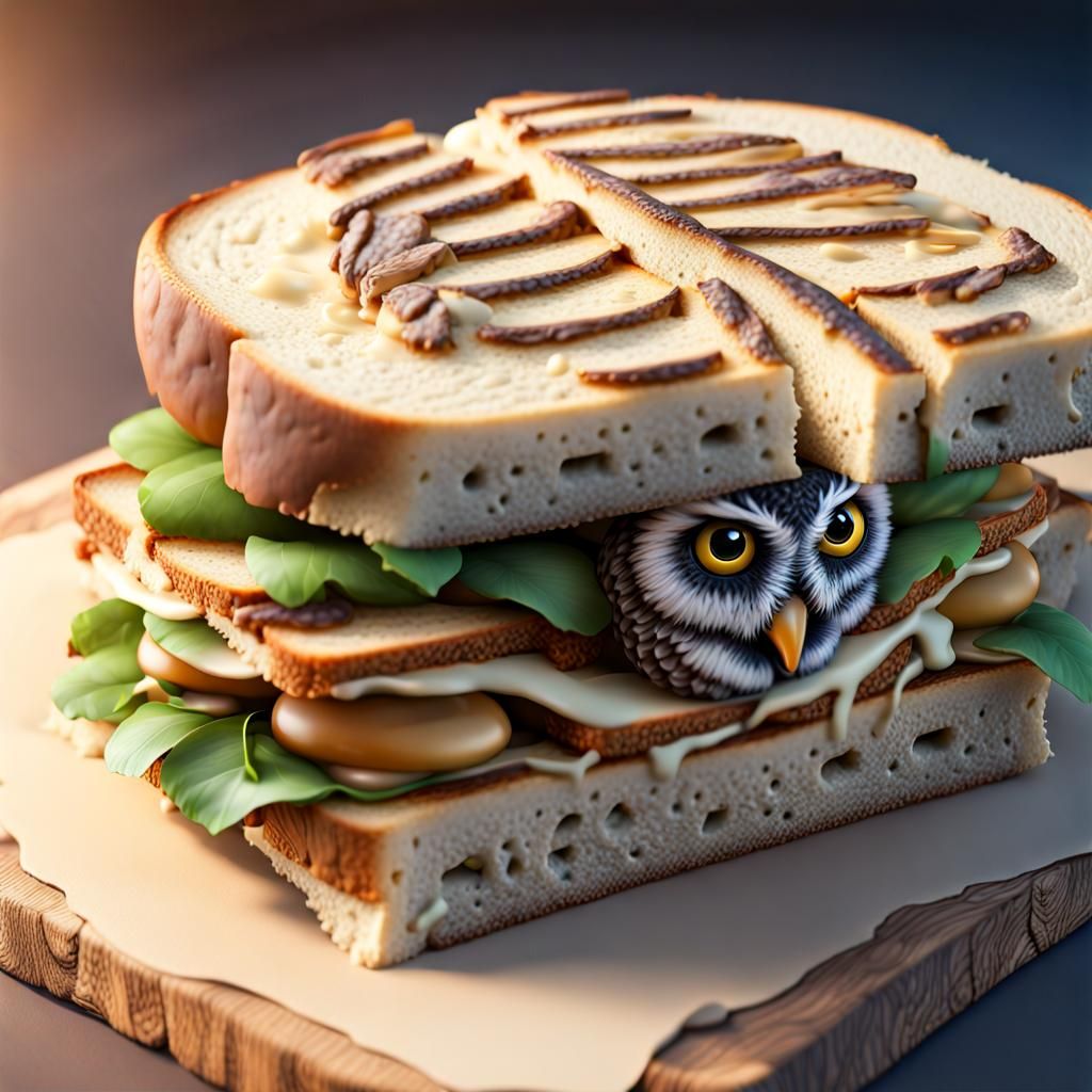 Burrow Owl in Toasted Sandwich: Photorealistic 3D Render