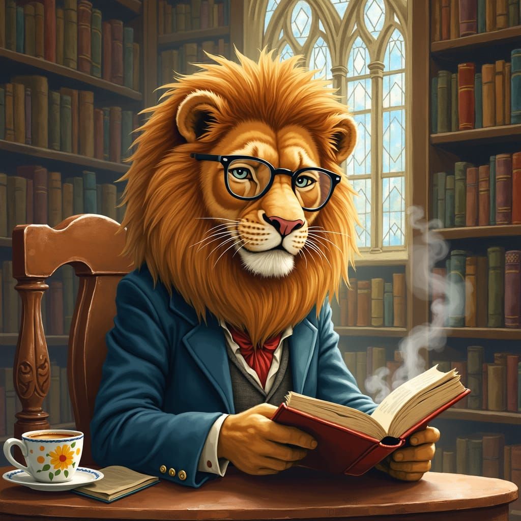 Literary Lion in Library, Watercolor Illustration