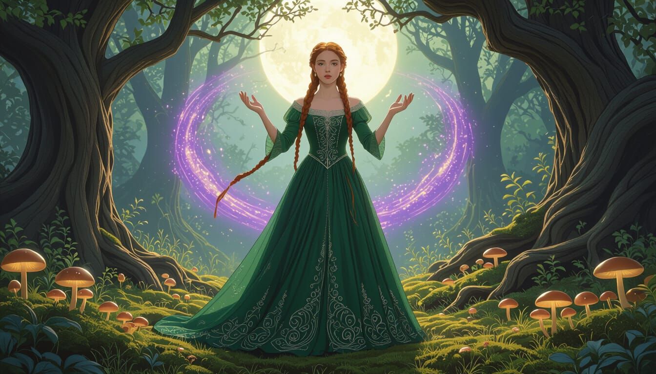 Defiant Princess in Mystical Forest, Art Nouveau Style