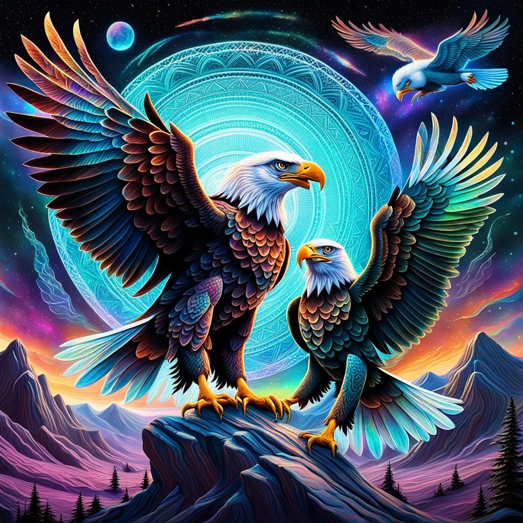 Eagles Flying in Astral Cosmic Holographic Illustration