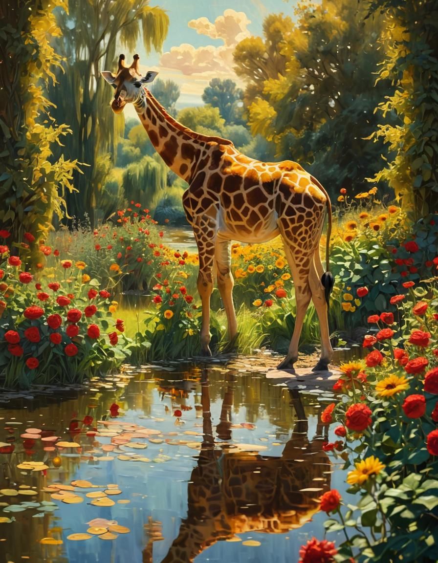 Surreal Impressionist Oil Painting of a Giraffe Amidst Vibra...