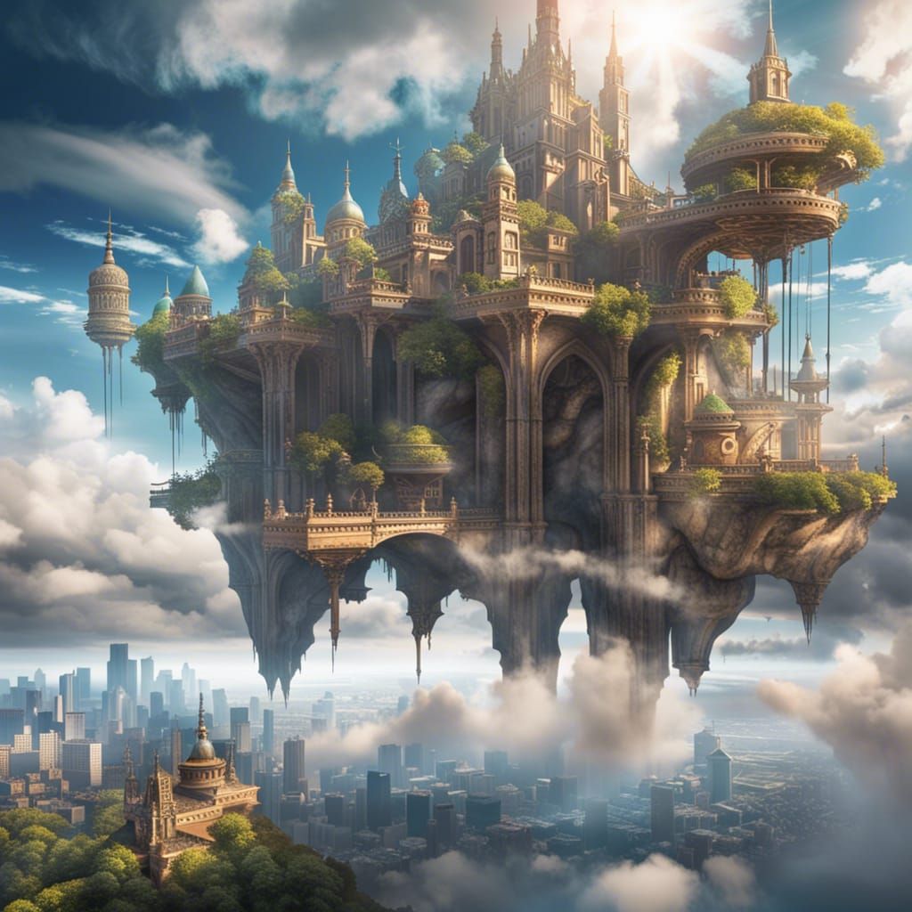 Magical City Floating in Sky with Mage Towers