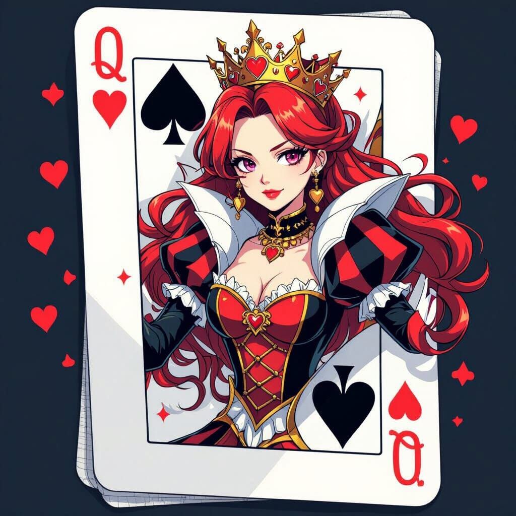 Queen of Hearts Emerges from Deck in Dynamic Manga Style