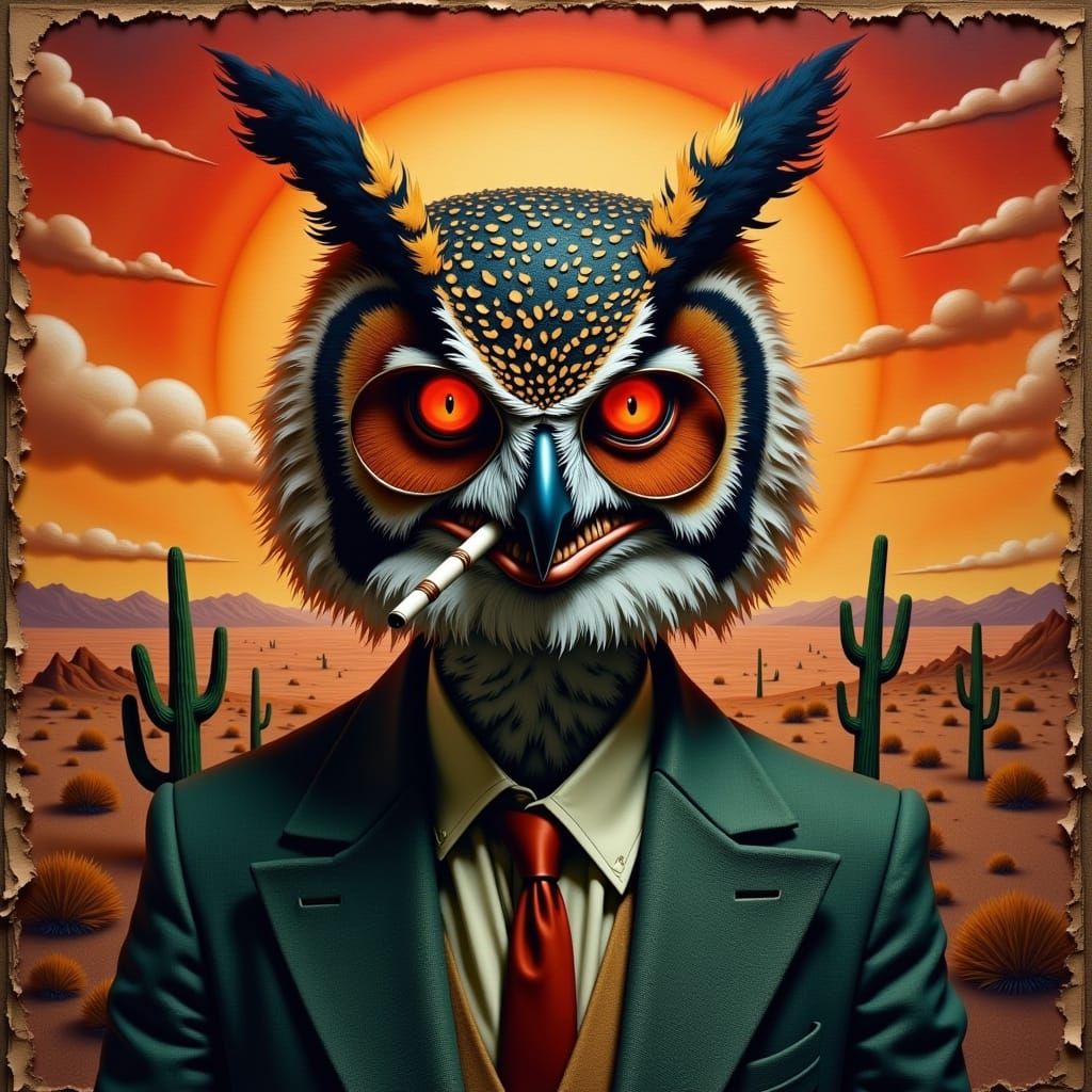 Surreal Owl Portrait in Gonzo Style