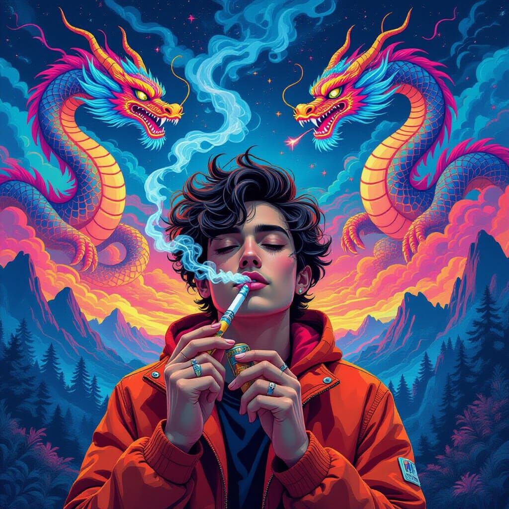 Psychedelic Dragons with Smoking Accessory