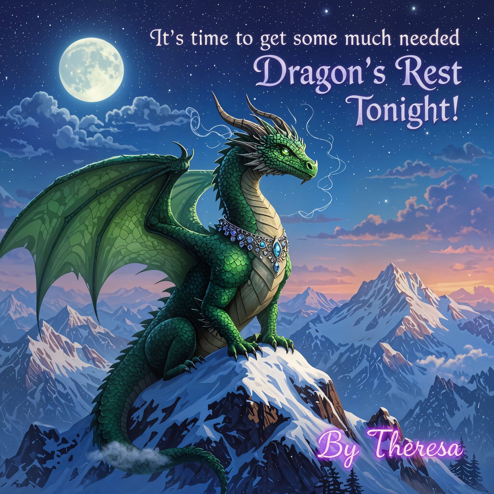 Emerald Dragon Perched Atop Snowy Mountain Peak