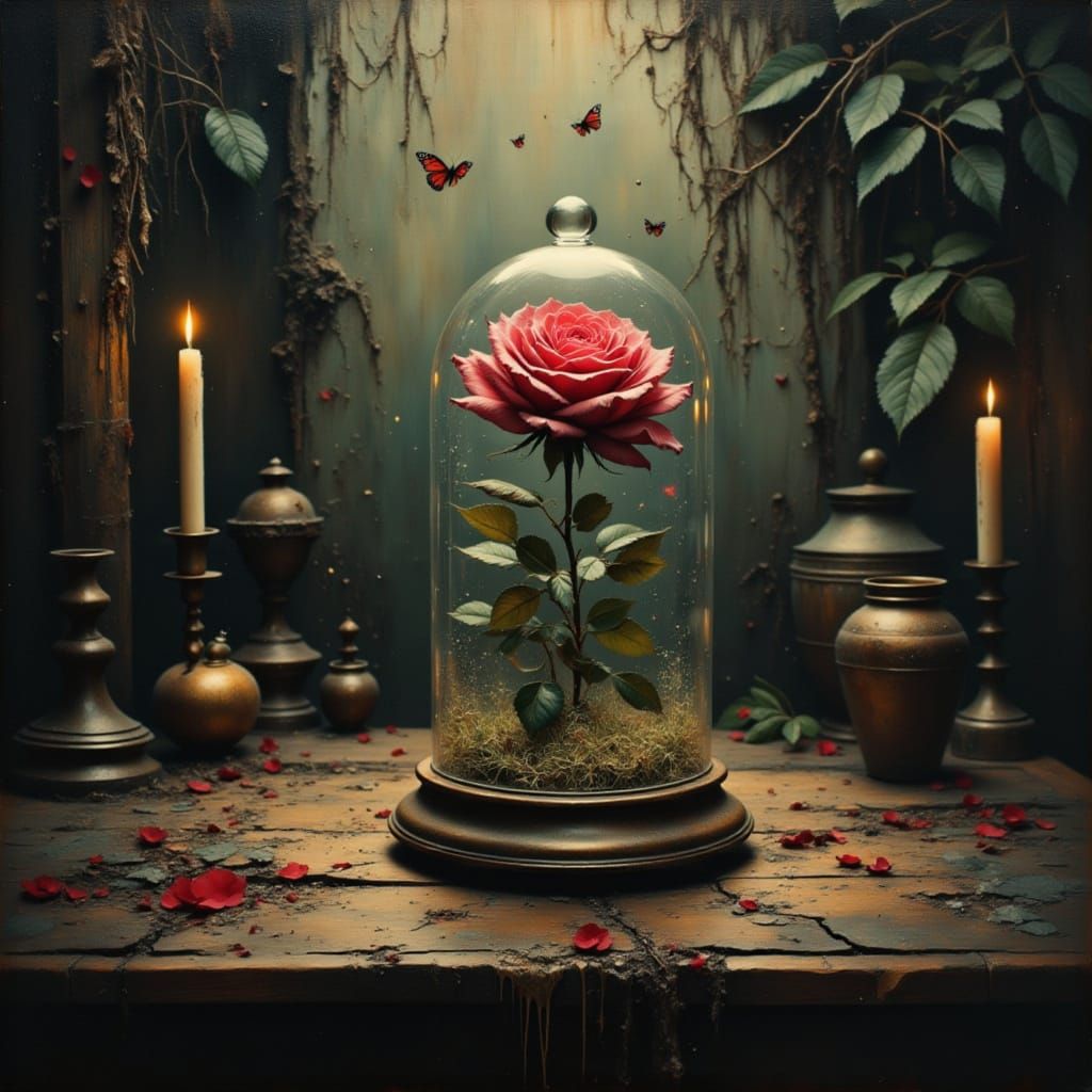 Enchanted Rose Oil Painting in Gothic Style