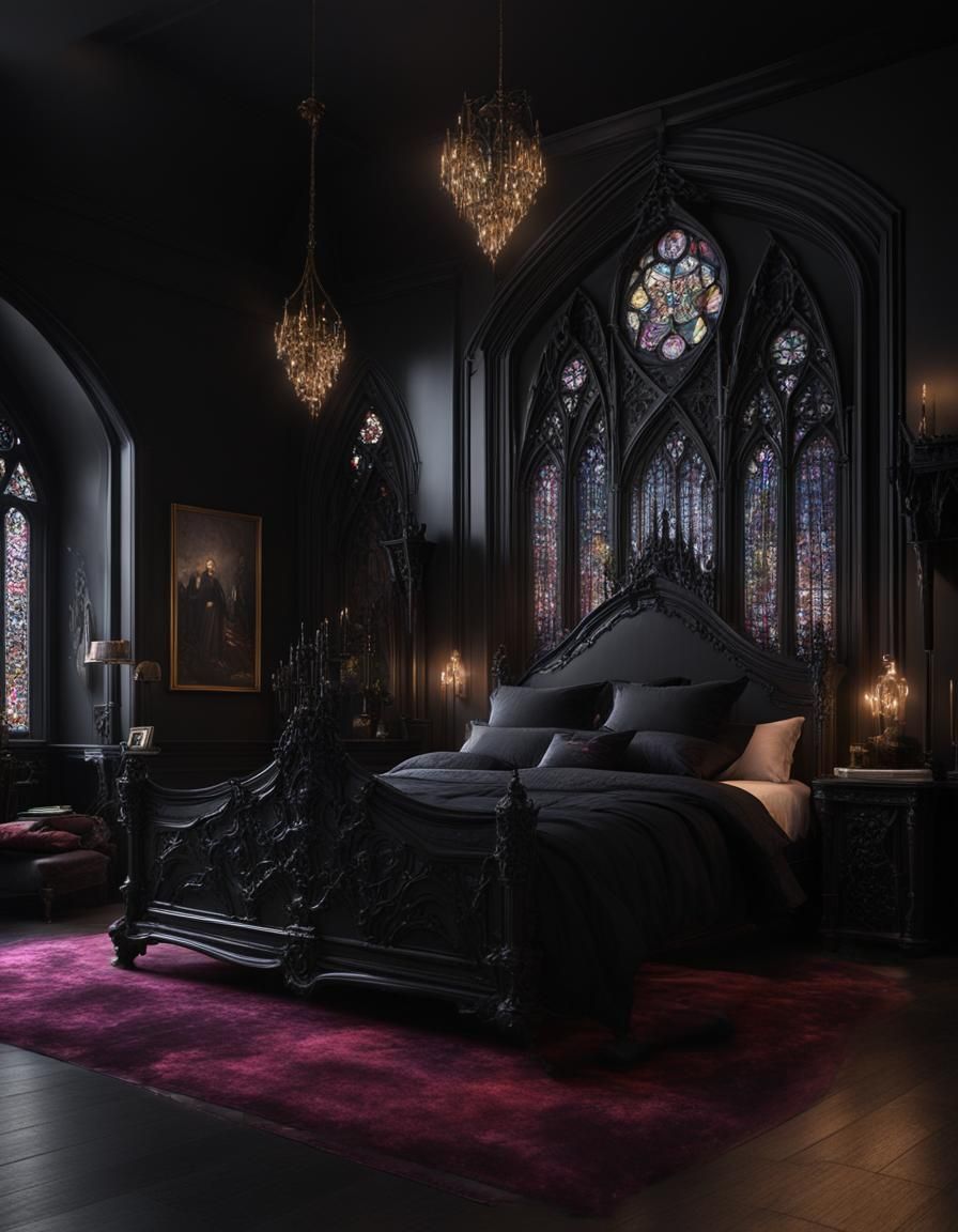 Ethereal gothic bedroom with black walls and black gothic be...