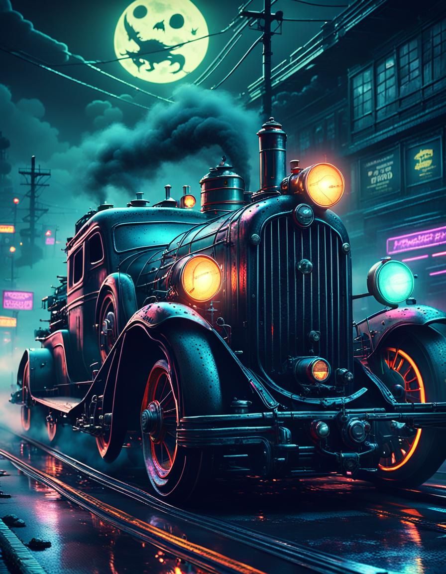 Cyberpunk Hot Rod Races Ghost Train