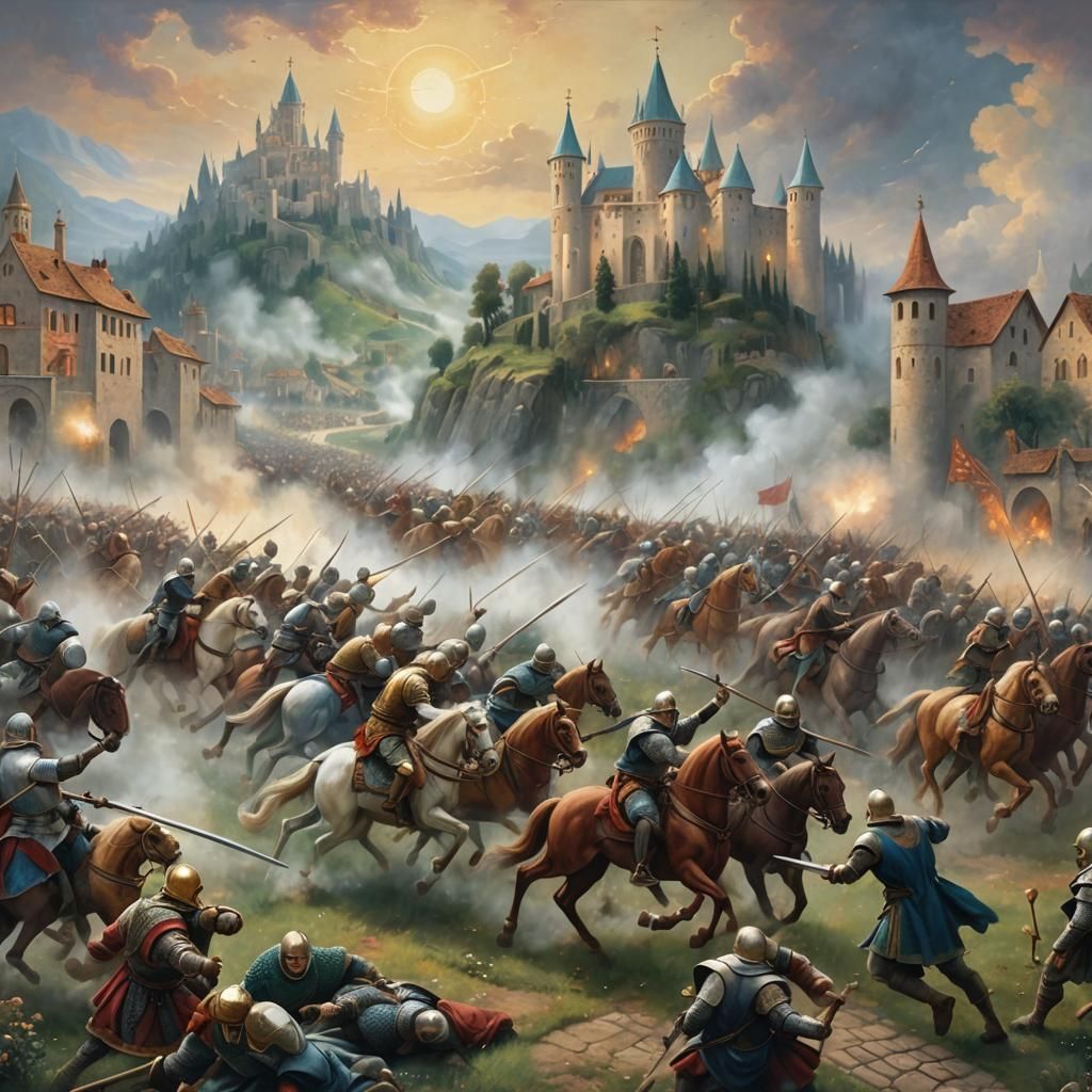 In the style of Giotto di Bondone depict a medieval battle s...