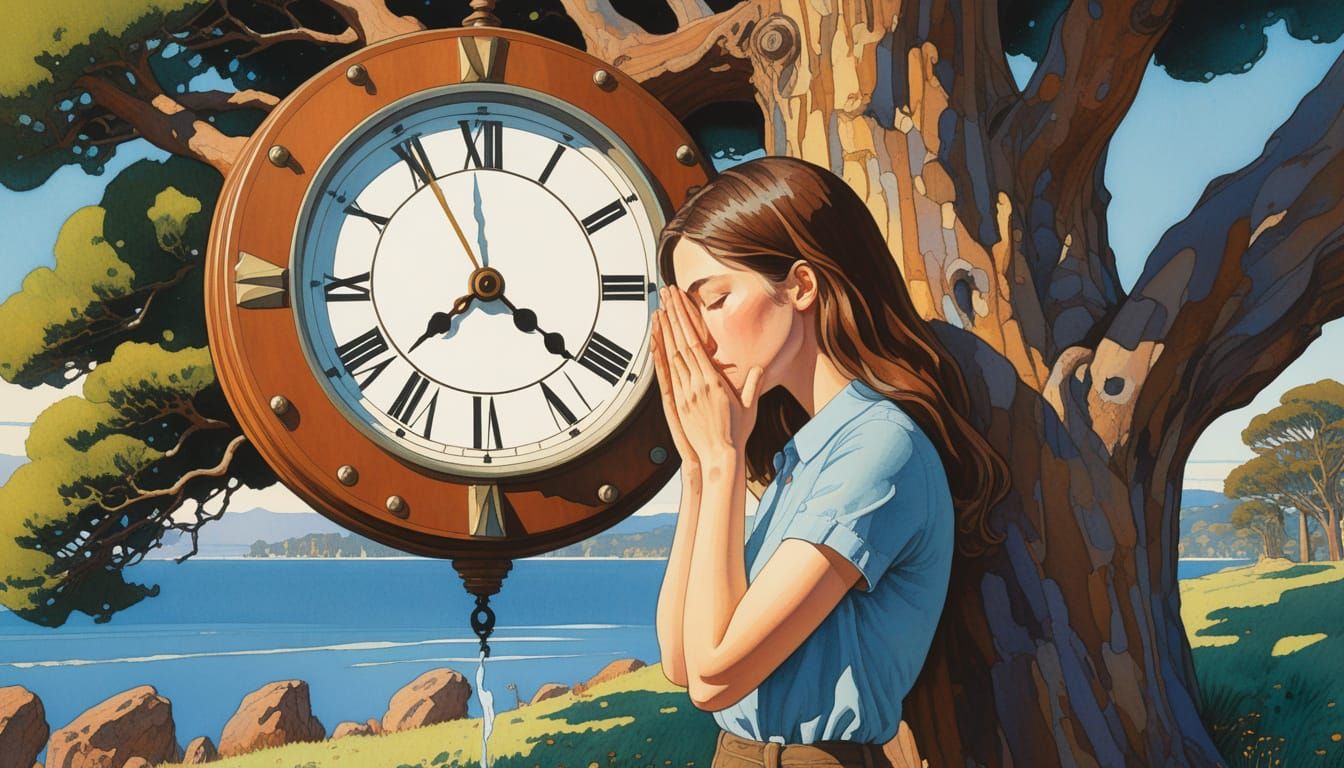 Woman Weeping Before Giant Clock: Gouache and Watercolor