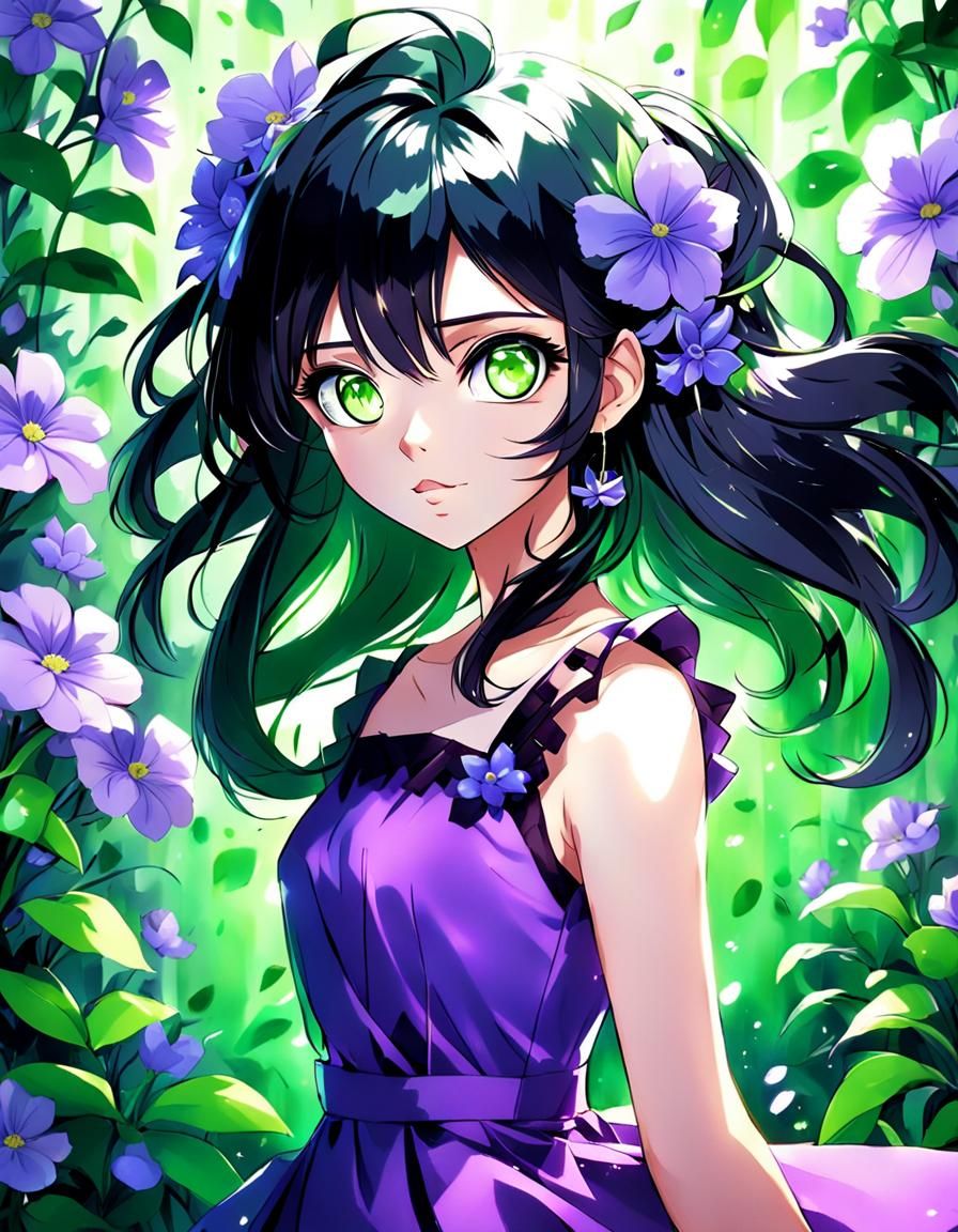 Anime Girl with Purple Flowers in Cel-Shaded Style