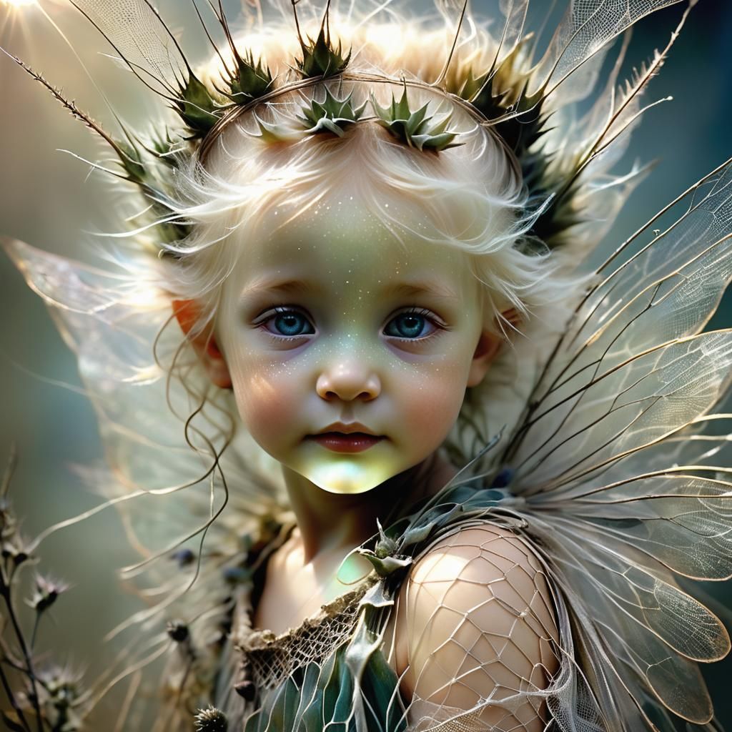 Thistle Fairy Portrait with Opalescent Wings