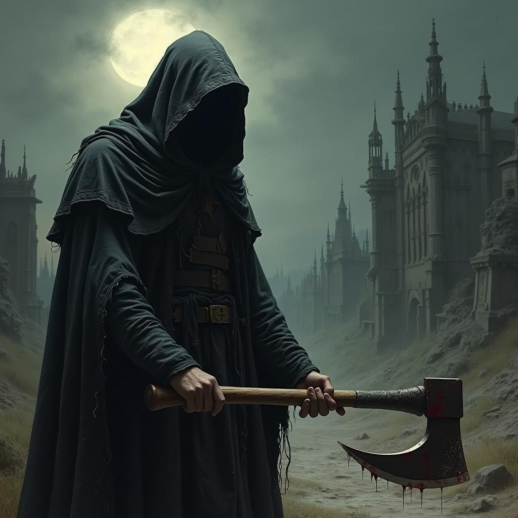 Hooded Executioner in Dark Fantasy Cityscape