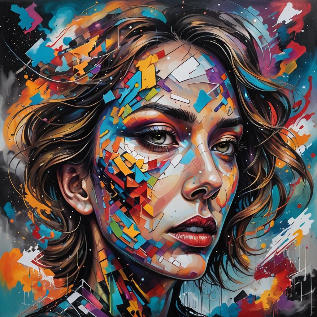 Cubist Woman in Surreal Nebula, Digital Art