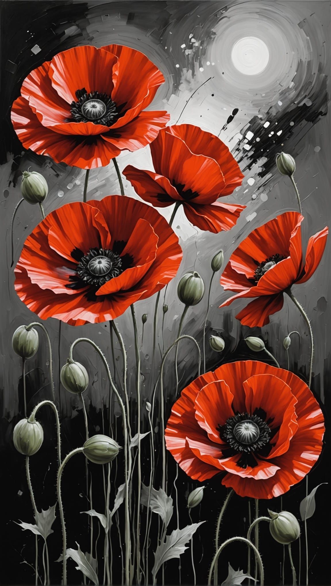 Red Poppies in Monochrome Universe, Oil Painting Style