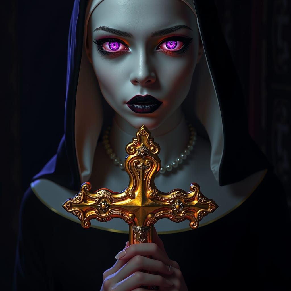 Eerily Beautiful Nun with Golden Cross