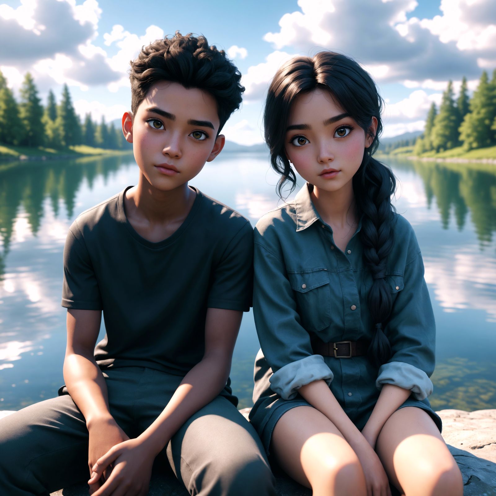 CGI Animated Twins Enjoying Lakeside Summer Day