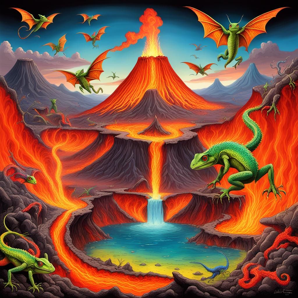Volcanic Hellscape with Lizards in Dark Fantasy Style