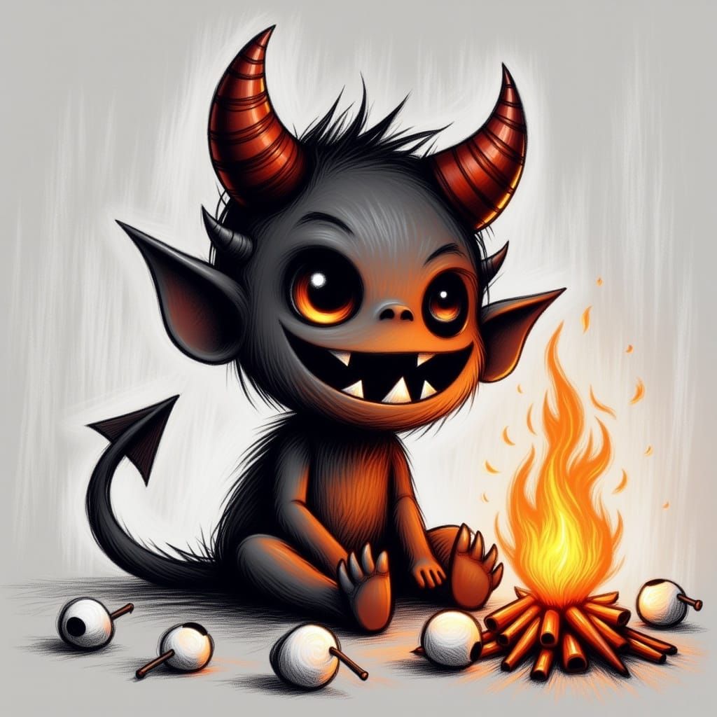 Cute Demon Roasting Marshmallows with Tail Flame