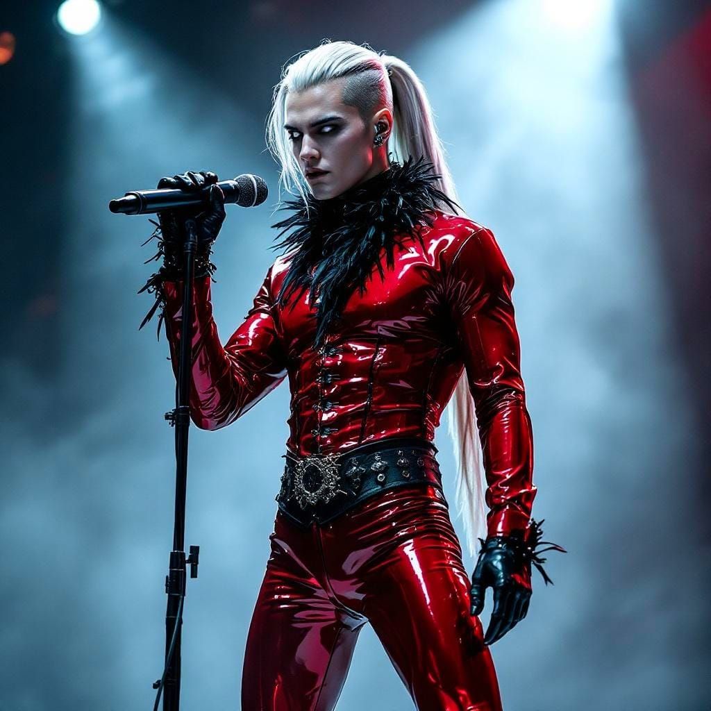 Man in Red Latex Suit with White Hair on Stage
