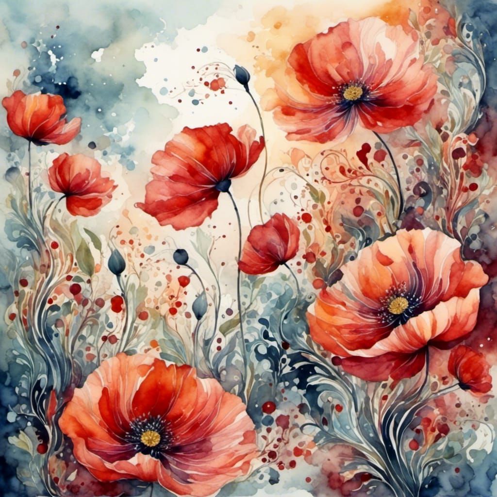 Crimson Poppies Bloom in Mystic Valley Watercolor