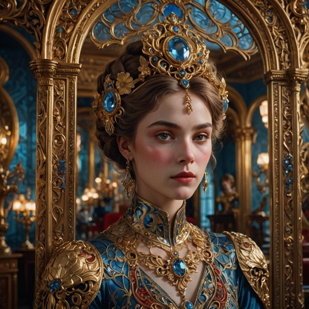 Lady in Opulent Mirrored Splendor, Art Nouveau Style