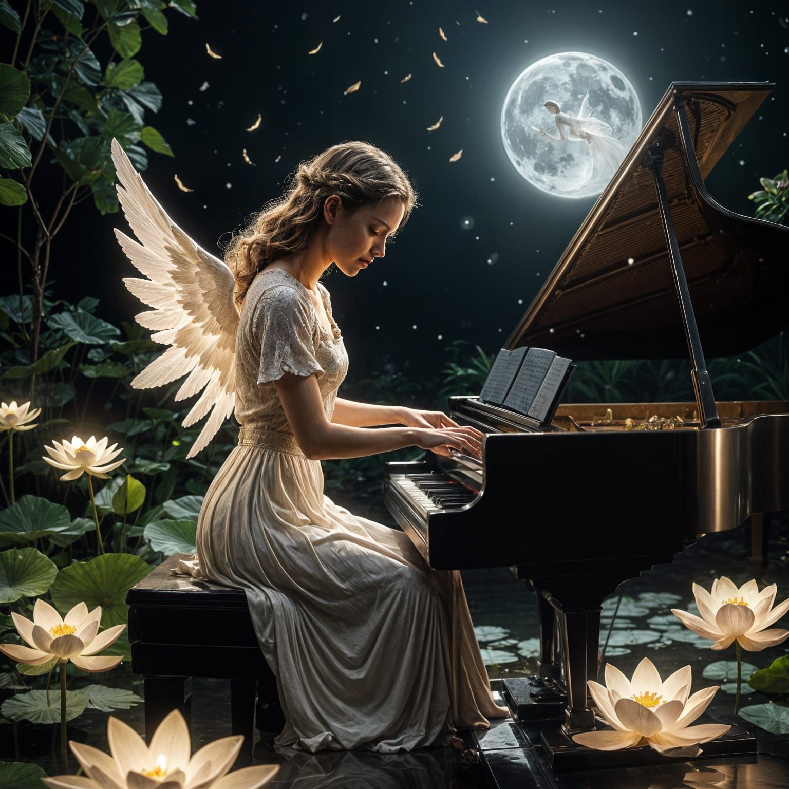 Angel Plays Lotus Petal Piano Under Moonlit Cinematic Lighti...