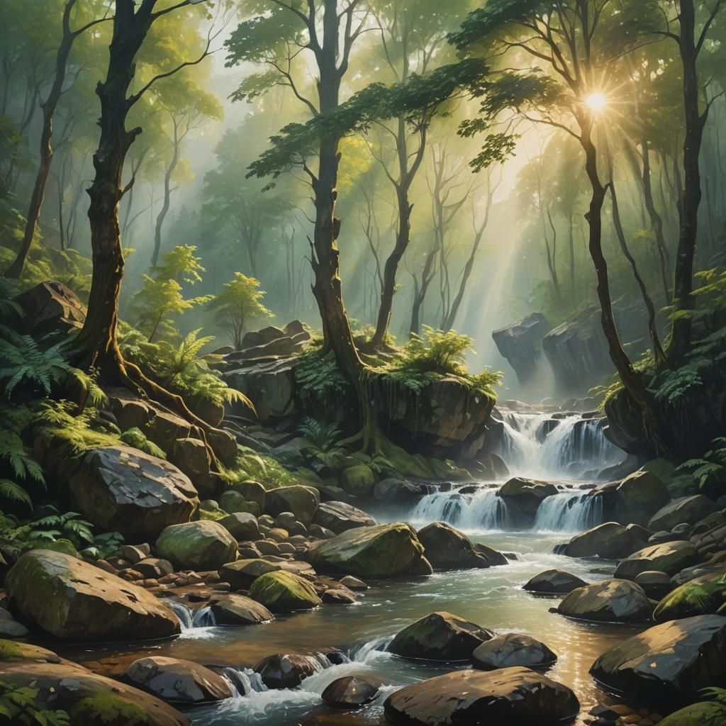 Lush Waterfall Scene as Impasto Oil Painting