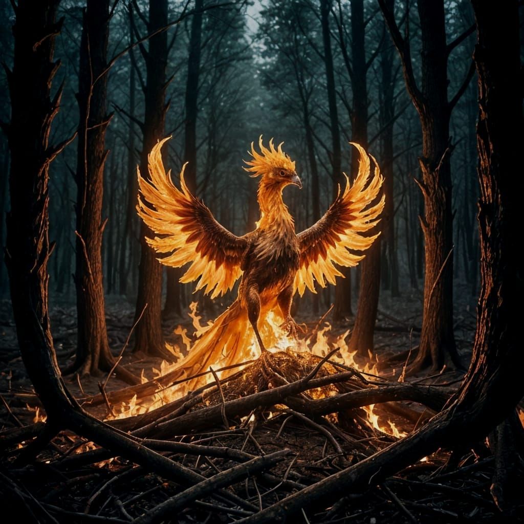 Fiery Phoenix Rising in Magical Forest Clearing