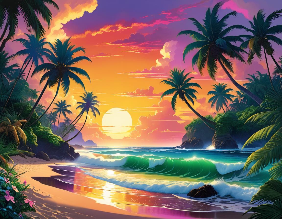 Tropical Beach Sunset in Watercolor Style
