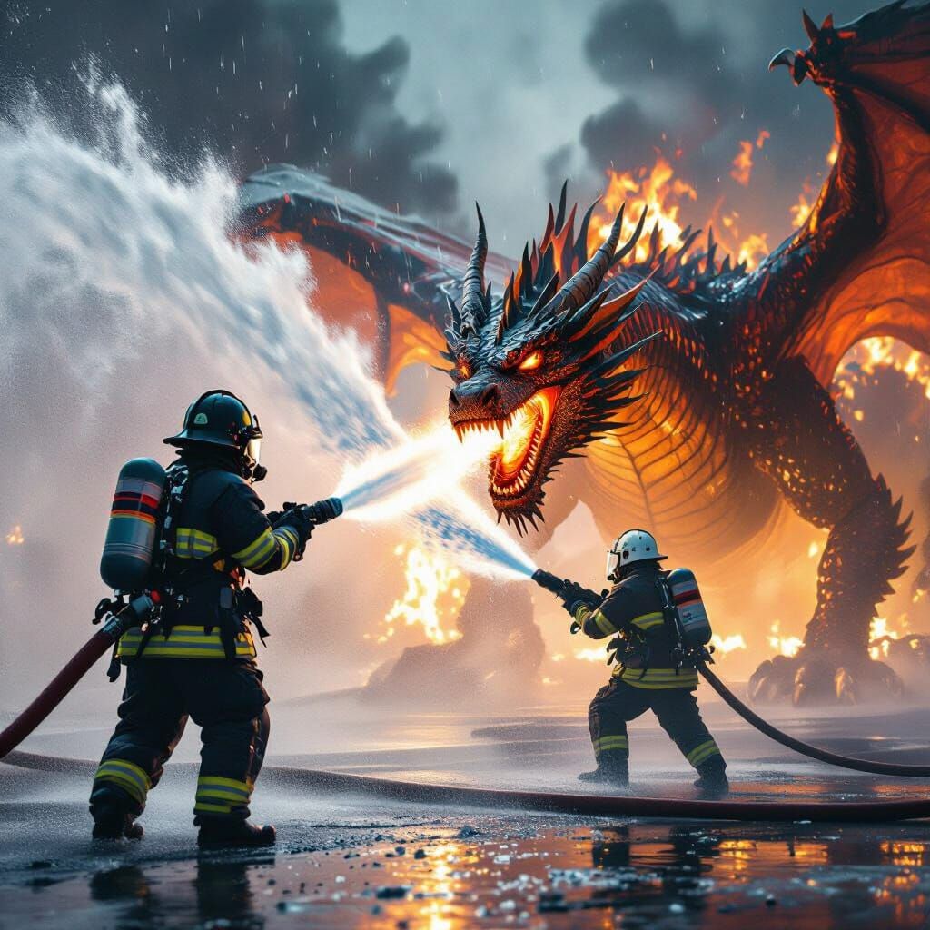 Firefighters Battle Dragon with Hoses in Dramatic Lighting