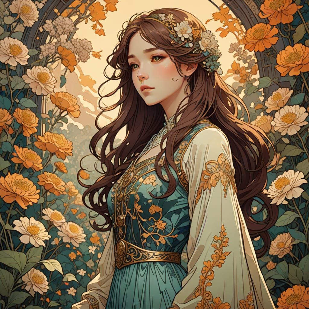 Art Nouveau Girl in a Blooming Garden