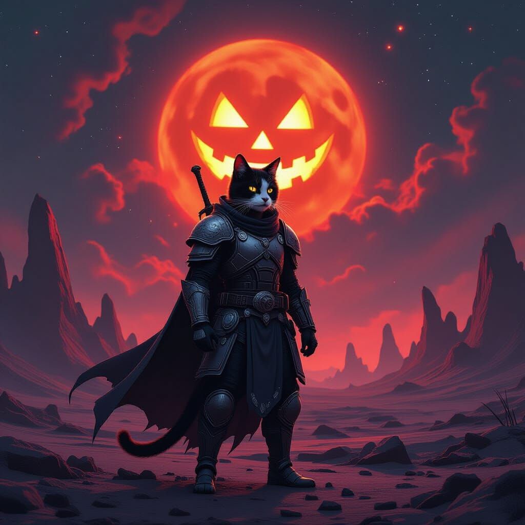 Cat Warrior Under Alien Jack-o-Lantern Moon