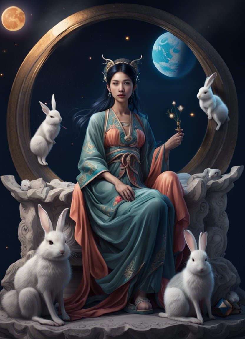 Lunar Fairy Queen on Marble Throne, Fantasy Art