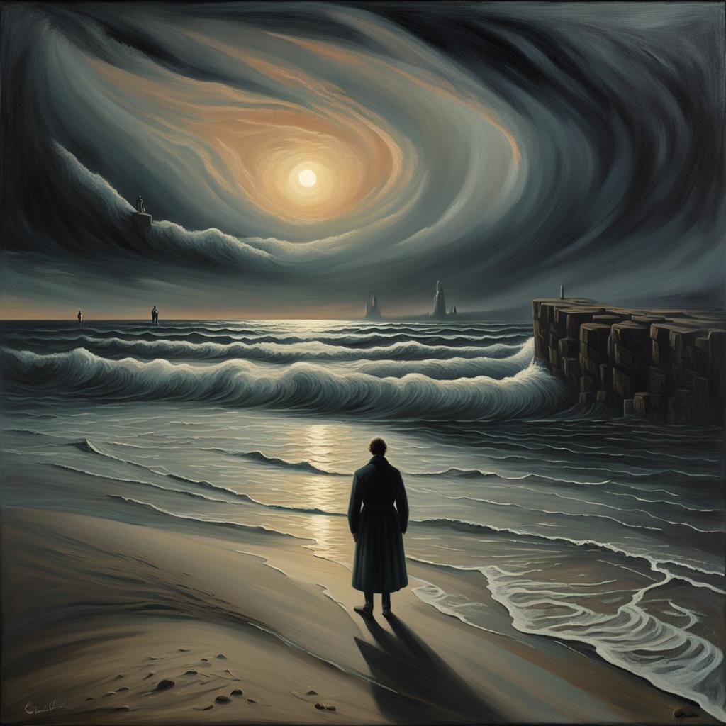 Eerie Beach Sunset: A Dark Fantasy Oil Painting