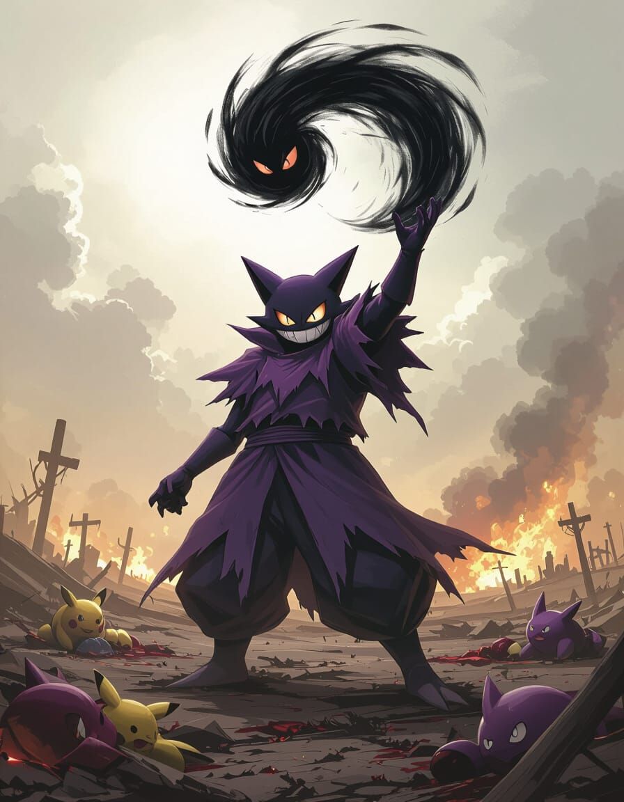 Victorious Gengar on War-Torn Battlefield in Ominous Style